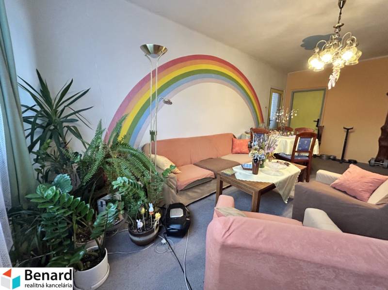 Living room with a colorful rainbow and greenery in a 3-room apartment.