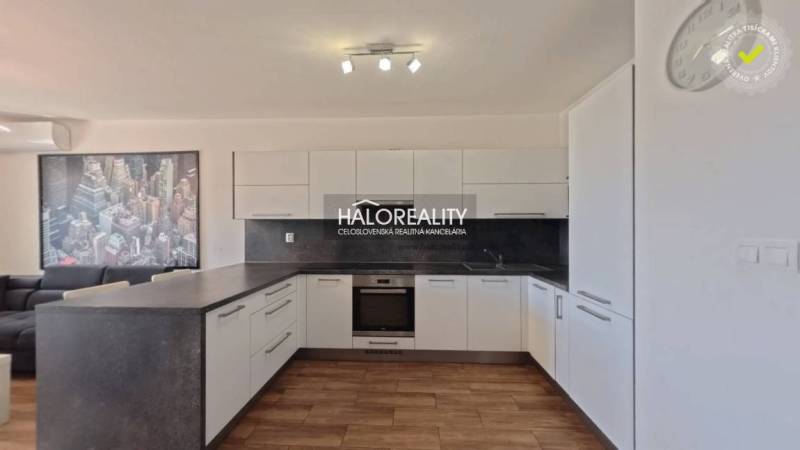 A kitchen in a 2-room apartment with a wooden decor floor, white cabinets, and a painting.