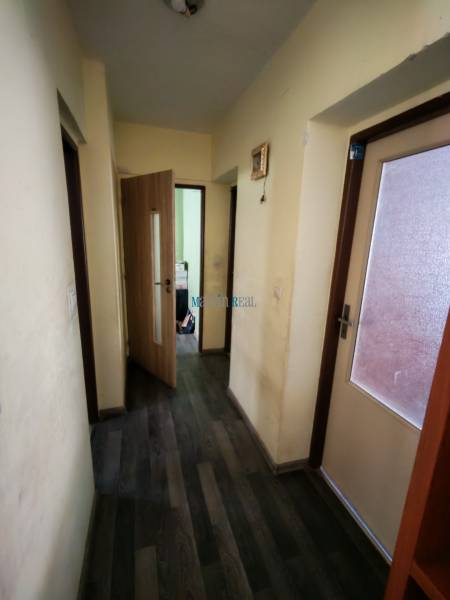 A hallway in a family house with a wooden decor floor, light walls, and glass doors.