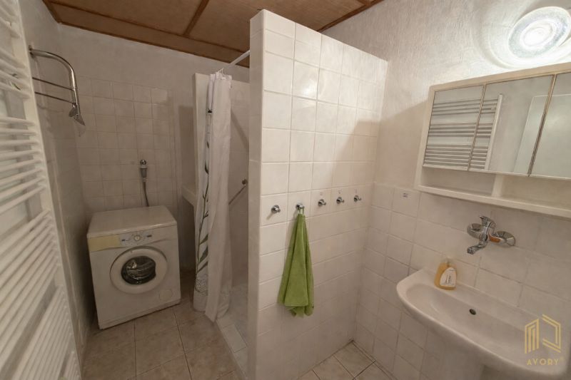 A bathroom in a family house with a washing machine and a shower.