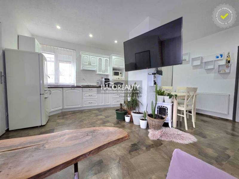 A kitchen in a family house with white furniture, decorative plants, and a wooden decor floor.