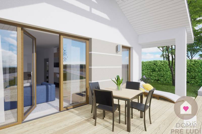 Terrace of a family house with a wooden decor floor, planters, and garden furniture.