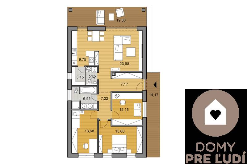 Floor plan of a family house with a wooden decor floor and spacious rooms.