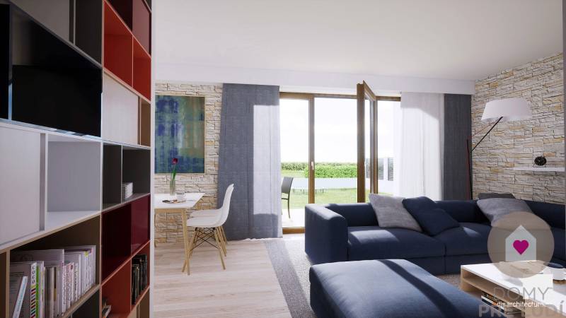 Living room in a family house with wood-decor flooring, a blue sofa, and glass doors.