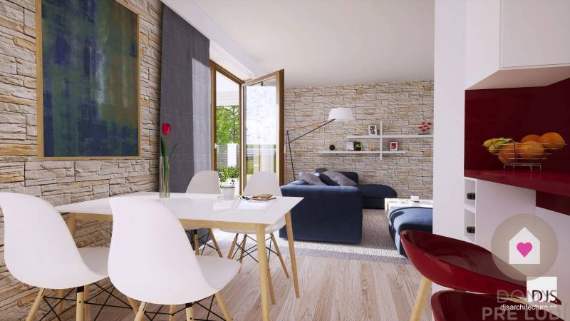 Living room in a family house with a wooden decor floor and stone walls.