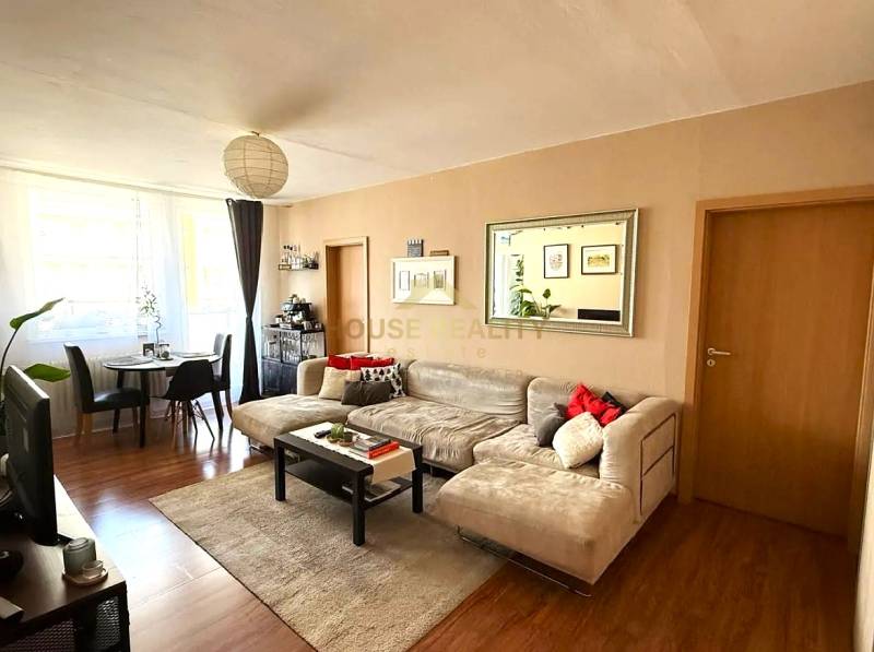 Living room in a 3-room apartment with a wooden decor floor, a sofa, and a dining table.