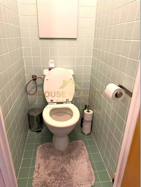 A bathroom with light blue tiles, a white toilet, a rug, and a toilet paper holder.