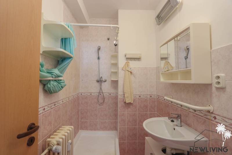 Bathroom in a 2-room apartment with pink tiles, a sink, and a shower corner.
