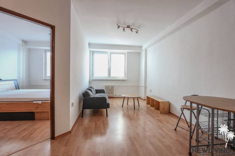Interior of a 2-room apartment with a couch, table, and floor with wood decor.