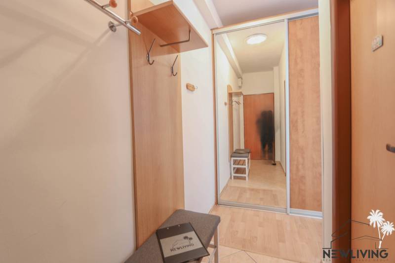 A hallway in a 2-room apartment with a wooden-patterned floor and a built-in wardrobe.