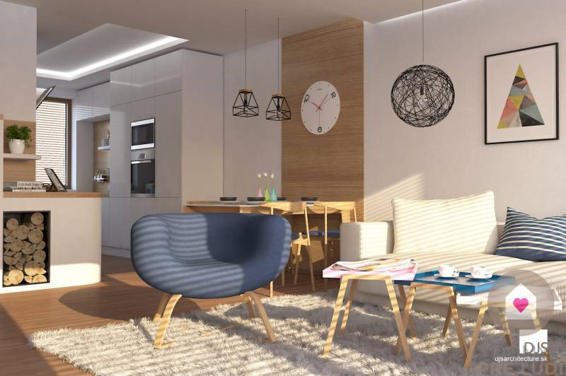 Living room in a family house with a carpet, an armchair, and a dining table, floor with wooden decor.