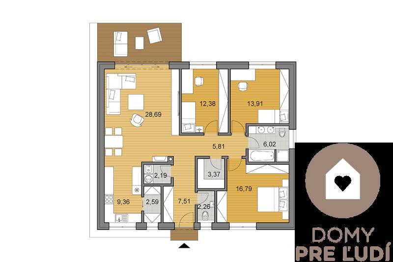 Floor plan of a family house with a wooden decor floor and spacious rooms.