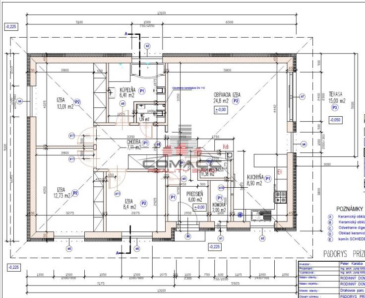 Ground floor layout of a family house with rooms, kitchen, and terrace.