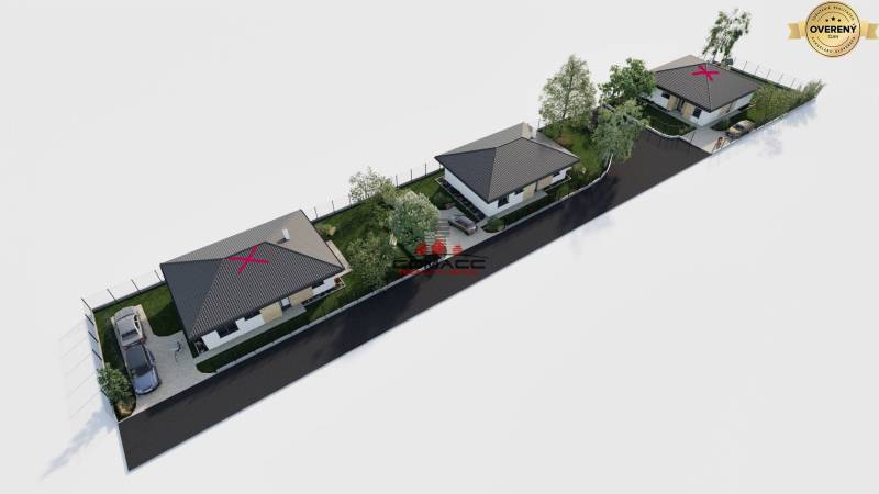 Visualization of three family houses on Kostolná Street in Drahovce with greenery and parking spaces.