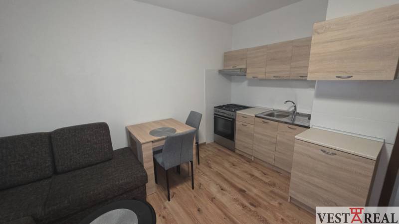 A kitchen in a studio apartment with wooden decor flooring and furniture.