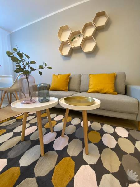 A living room in a two-room apartment with geometric shelves, a gray sofa, and a colorful carpet.