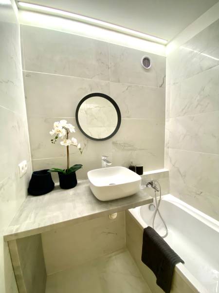 Bathroom with a countertop sink, bathtub, and decoration, 2-room apartment.