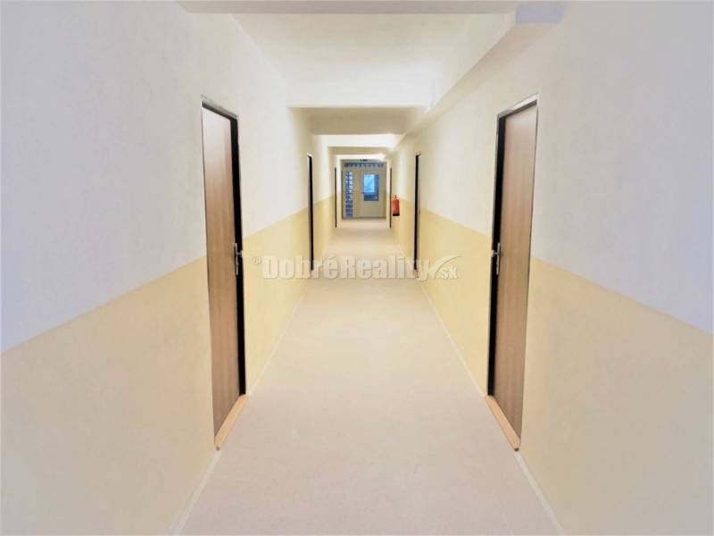 A corridor with multiple doors and a light floor in a studio apartment.