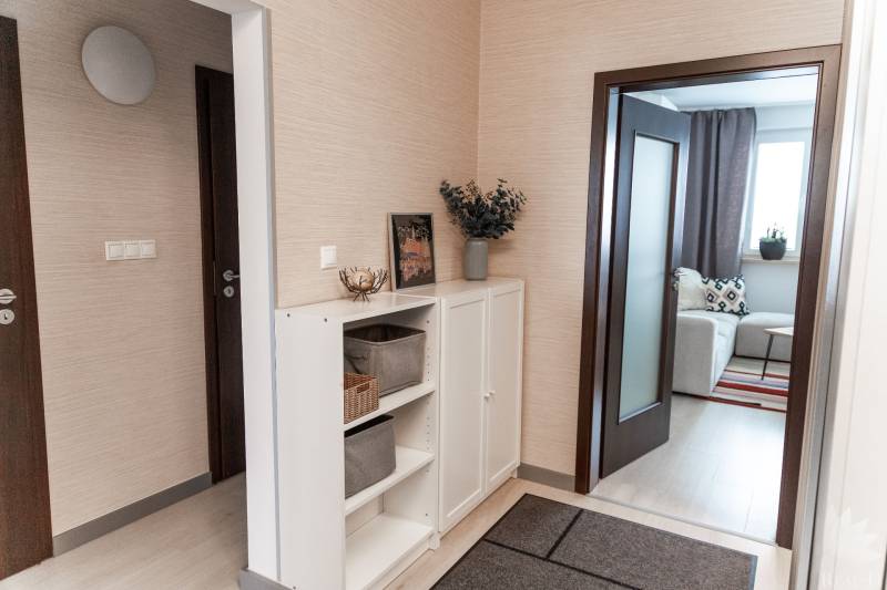 Interior of a 4-room apartment with light furniture, carpet, and houseplants.