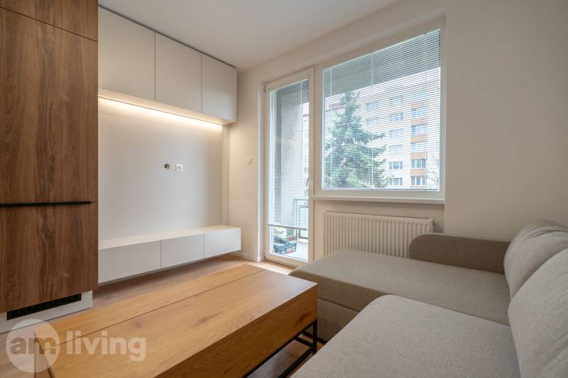 Living room in a 3-room apartment with a wooden decor floor, sofa, and furniture.
