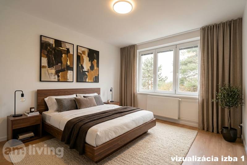 Bedroom in a 3-room apartment with a stylish bed, paintings on the wall, large window.