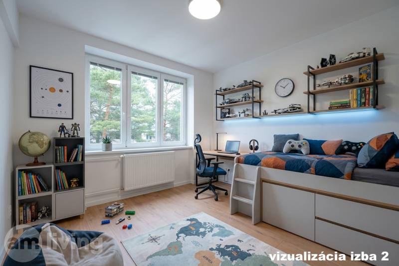 Children's room in a three-room apartment with a wooden-decor floor and shelves full of toys.