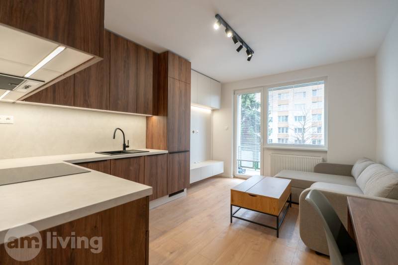 Living room in a 3-room apartment with a kitchen unit and a wooden decor floor.