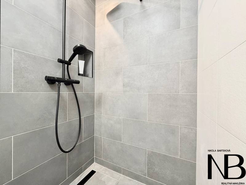 A shower enclosure with black fittings in a studio apartment.