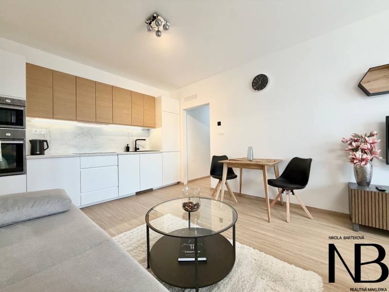 A kitchen in a studio apartment with a wood-patterned floor and comfortable seating.