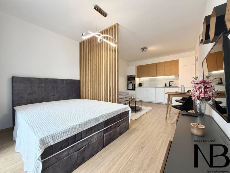 1-bedroom apartment with a kitchenette, bed, and wooden decor flooring.