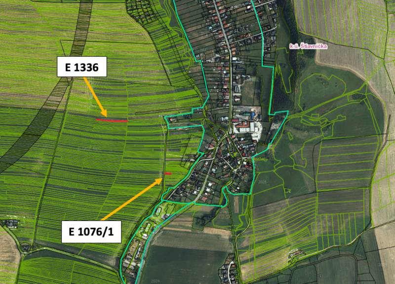 Aerial view of agricultural and forest lands in Ludrová with marked parcels.