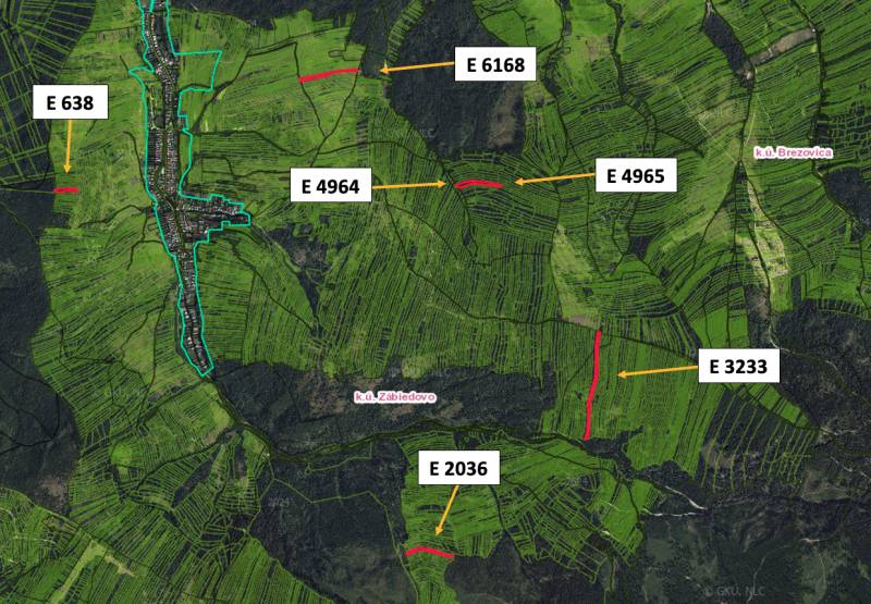 Aerial map of agricultural and forest lands around Zábiedovo with marked parcels.