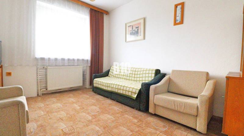 Living room in a family house with a sofa and an armchair, carpet.
