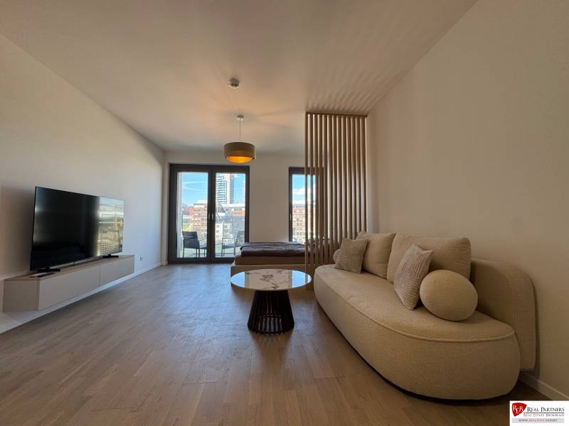 Living room in a one-bedroom apartment with a sofa, television, and wooden decor flooring.
