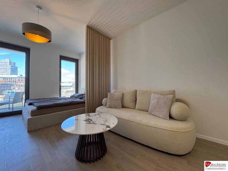 Living room with a sofa, coffee table, and bed in a studio apartment with wood-patterned flooring.