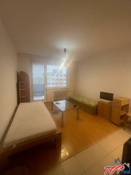 A studio apartment with a wooden floor, a bed, a sofa, and a table, simple interior.