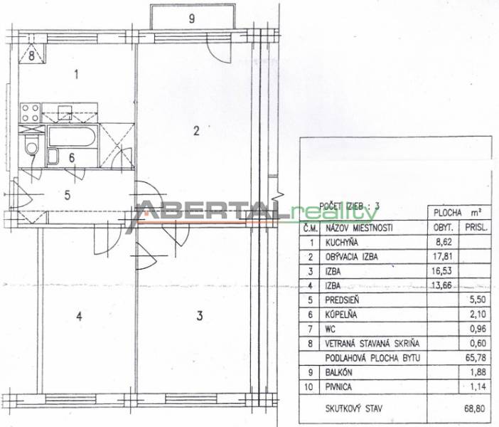 Floor plan of a 3-room apartment with a layout of rooms and a balcony.