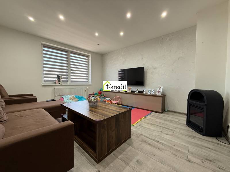 Living room in a family house with a sofa, television, and wood-patterned flooring.