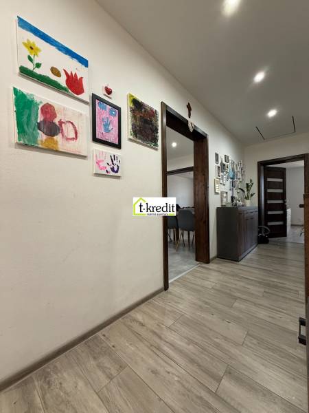 Interior of a family house with decorative paintings on the walls and a floor with a wooden decor.