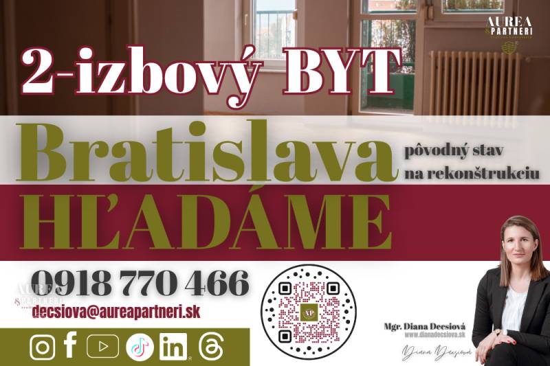 Looking for a 2-room apartment in Bratislava for renovation, contact and QR code.