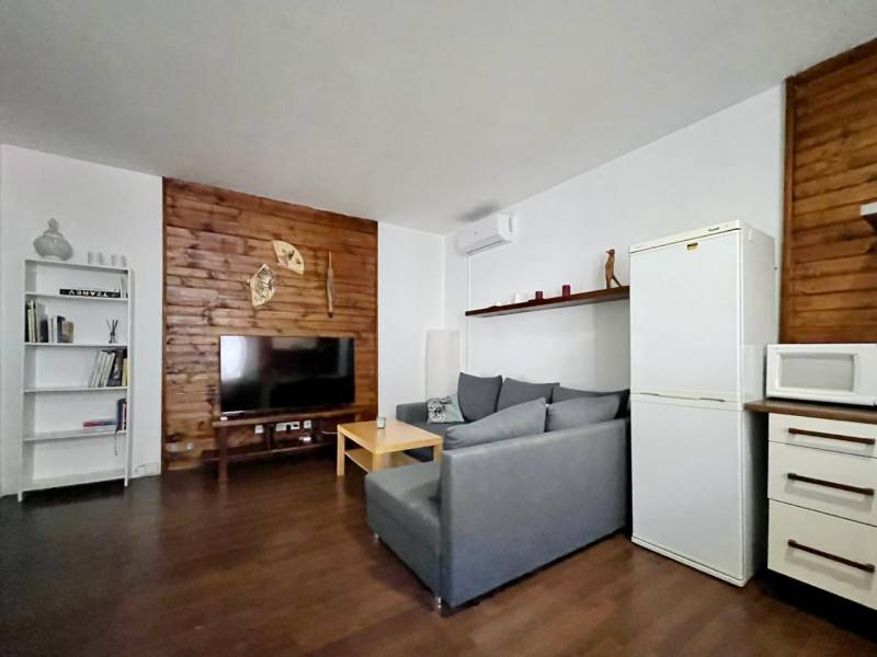 Living room in a two-room apartment with a wooden decor floor, a sofa, and a television.