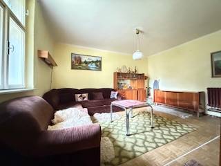 Living room in a family house with a sofa and a rug on a wooden decor floor.