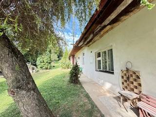 A family house in Krivosúd-Bodovka with a traditional facade, a bench, and a tree in the garden.