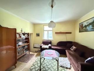 Living room with carpets, books, a brown couch, and a wooden-patterned floor in a family house.