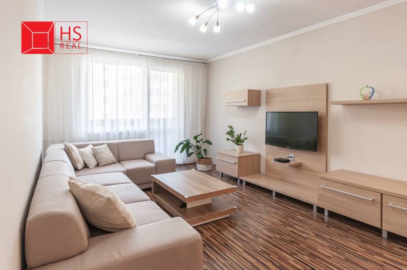 Living room in a 3-room apartment with a sofa, television, and wooden decor flooring.