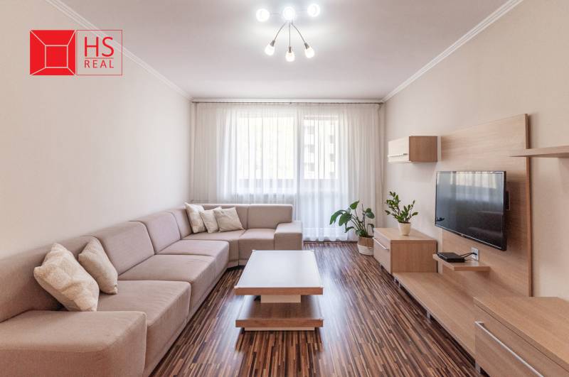 Living room with a sofa, wooden decor flooring, and decorations in a three-room apartment.