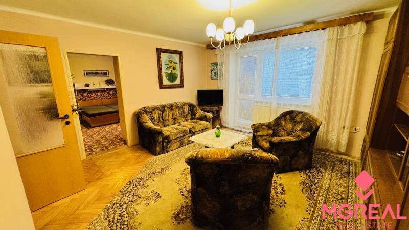 Living room in a 3-room apartment with a sofa, an armchair, and a wooden decor floor.