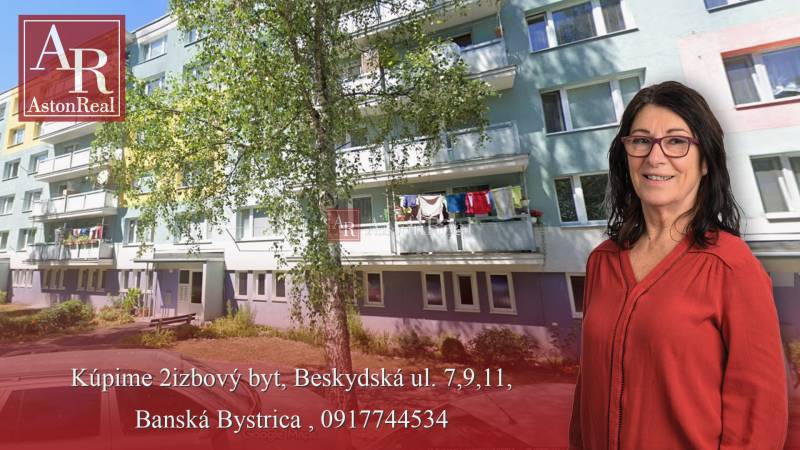 Apartment building on Beskydská 9 in Banská Bystrica with greenery and a woman in the front.