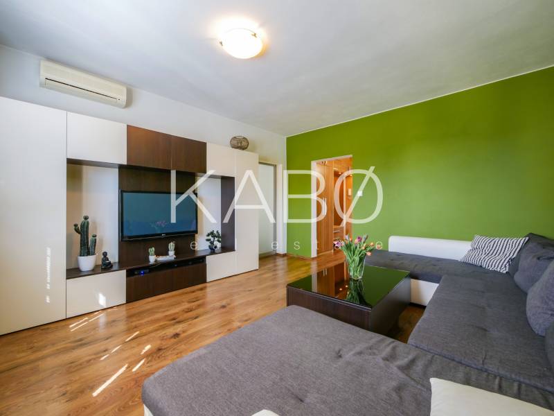 A living room in a three-room apartment with a wooden decor floor and a green wall.