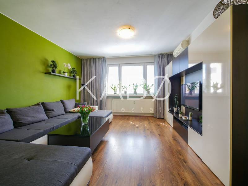 Living room in a 3-room apartment with a sofa, wood-patterned flooring, and a green wall.
